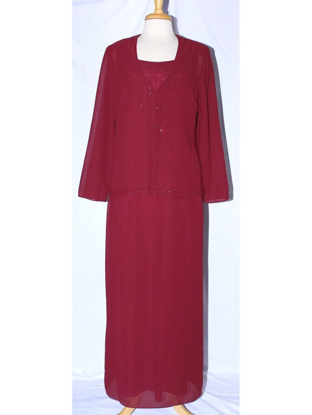 Poly USA #5120 Beaded Chiffon Mother's Gown With Jacket-Size L-BURGUNDY-NWT